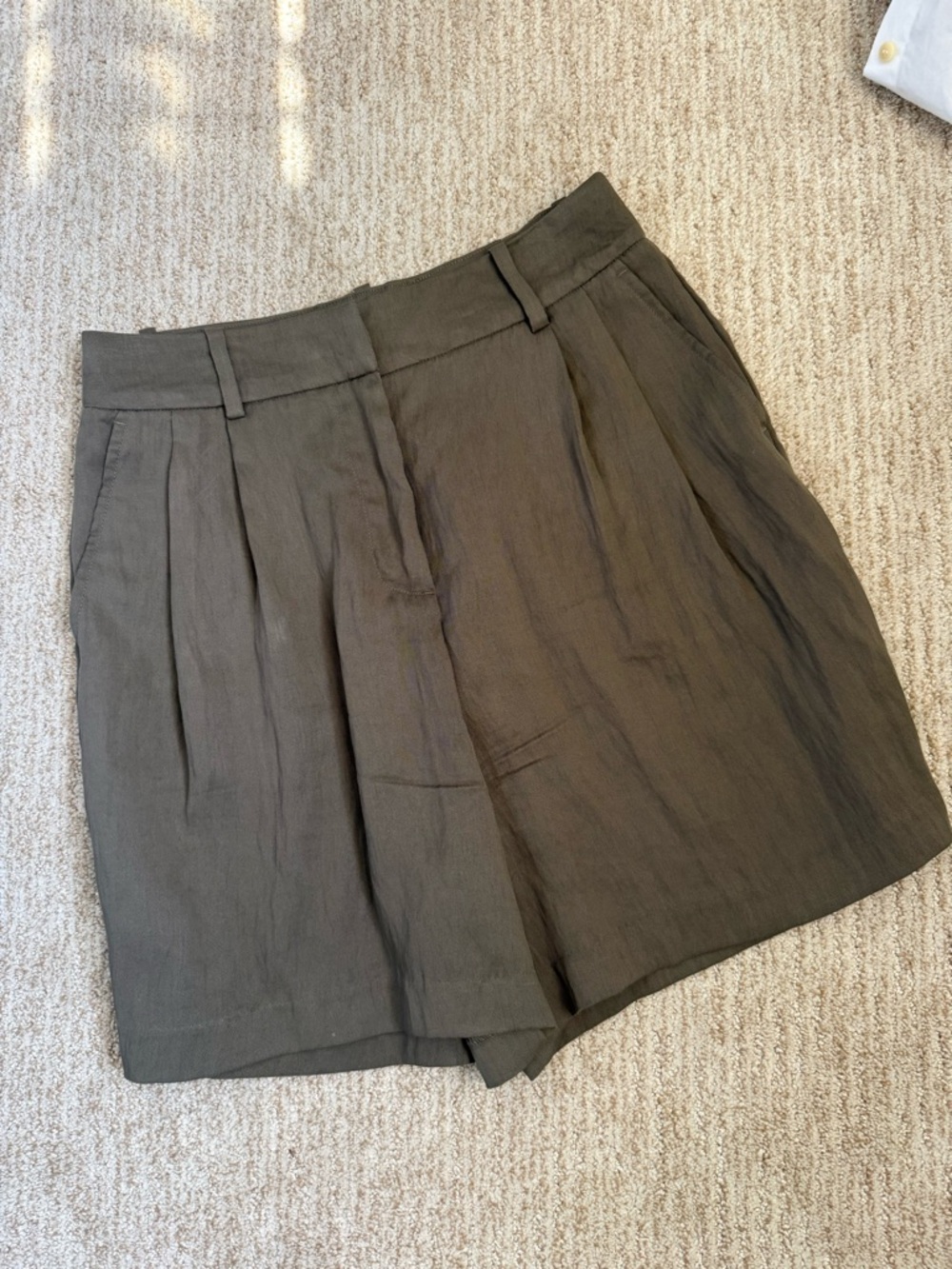Zara Olive Green High-Waist Pleated Bermuda Shorts